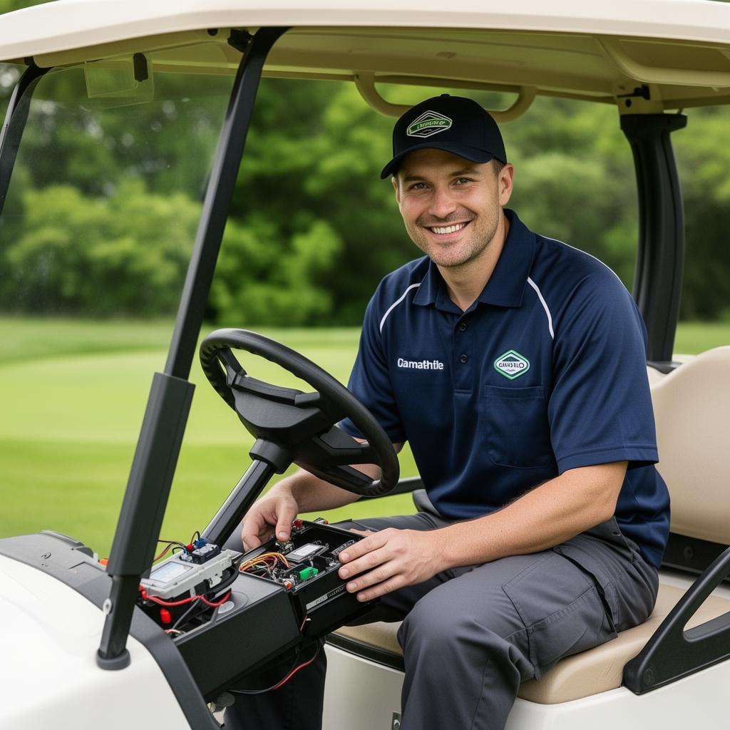 Técnico da Irrimac no terreno junto a um carrinho de golfe elétrico